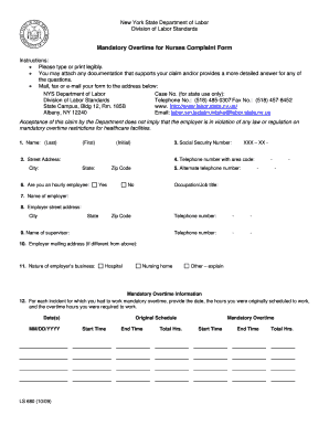 Mandatory Overtime for Nurses Complaint Form Nys