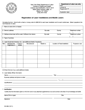 Registration of Laser Installations and Mobile Lasers Labor State Ny  Form