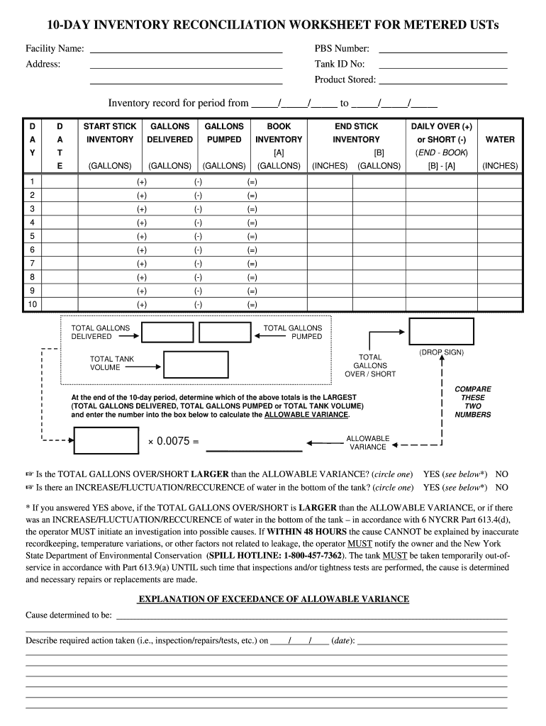 10 Day Inventory Reconciliation Worksheet  Form