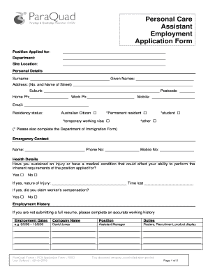 Patient Care Assistant Application Form