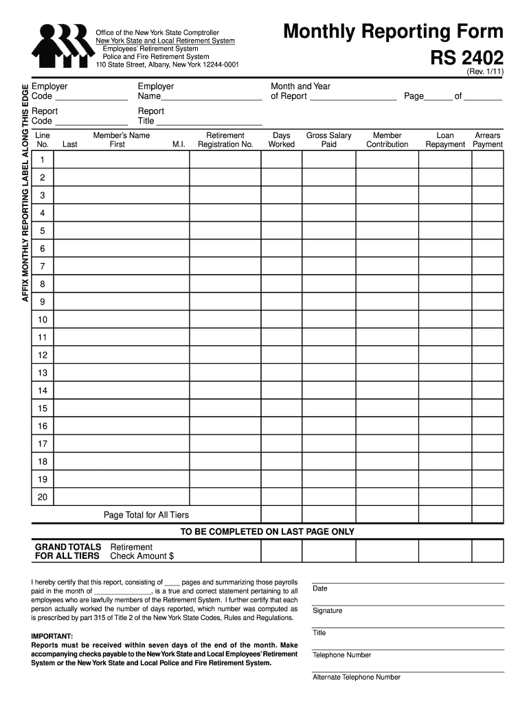 Monthly Reporting Form RS 2402  Office of the New York State    Osc State Ny