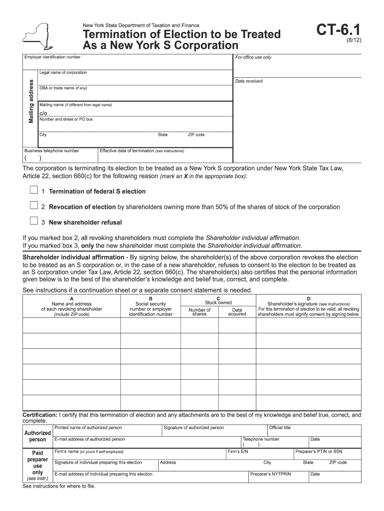  Form CT 6 1 to Terminate the Election  the New York State 2012