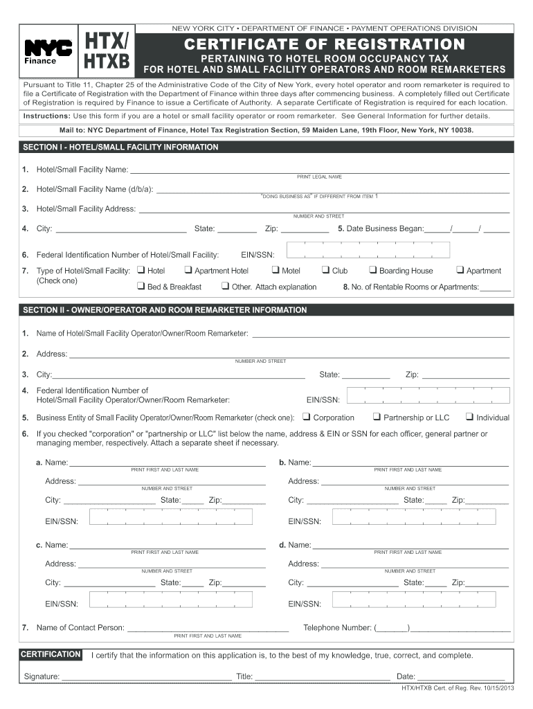  Nyc Form Htxhtxb Cert of Reg 2013-2024