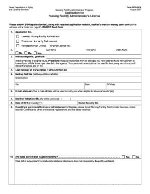 Texas Department of Aging and Disability Services Form 5515 NFA August Nursing Facility Administrator Program Application for Nu