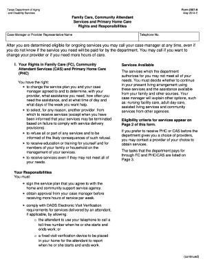  Family Care, Community Attendant Services and Primary Home Care Rights and Responsibilities Form 2307 a Dads State Tx 2014