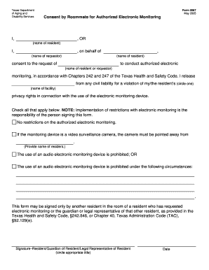 Texas Department of Aging and Disability Services Form 0067 May Consent by Roommate for Authorized Electronic Monitoring , or I,