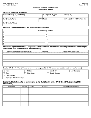Physician&amp;#39;s Orders the Texas Department of Aging and Disability Dads State Tx  Form