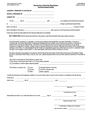  Texas Department of Aging and Disability Services Form 2031 G September Governing Authority Resolution Governmental Entity COUNT 2009