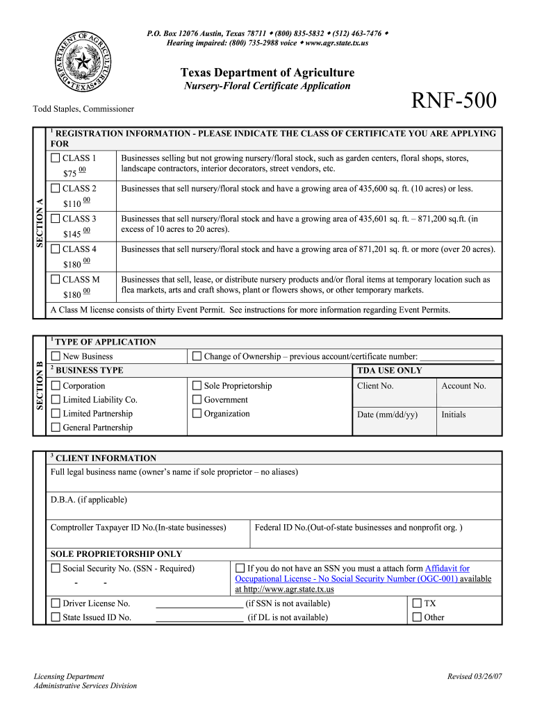Get and Sign Rnf 500 Nf Certificate Application  Texas Department of Agriculture  Texasagriculture 2007 Form