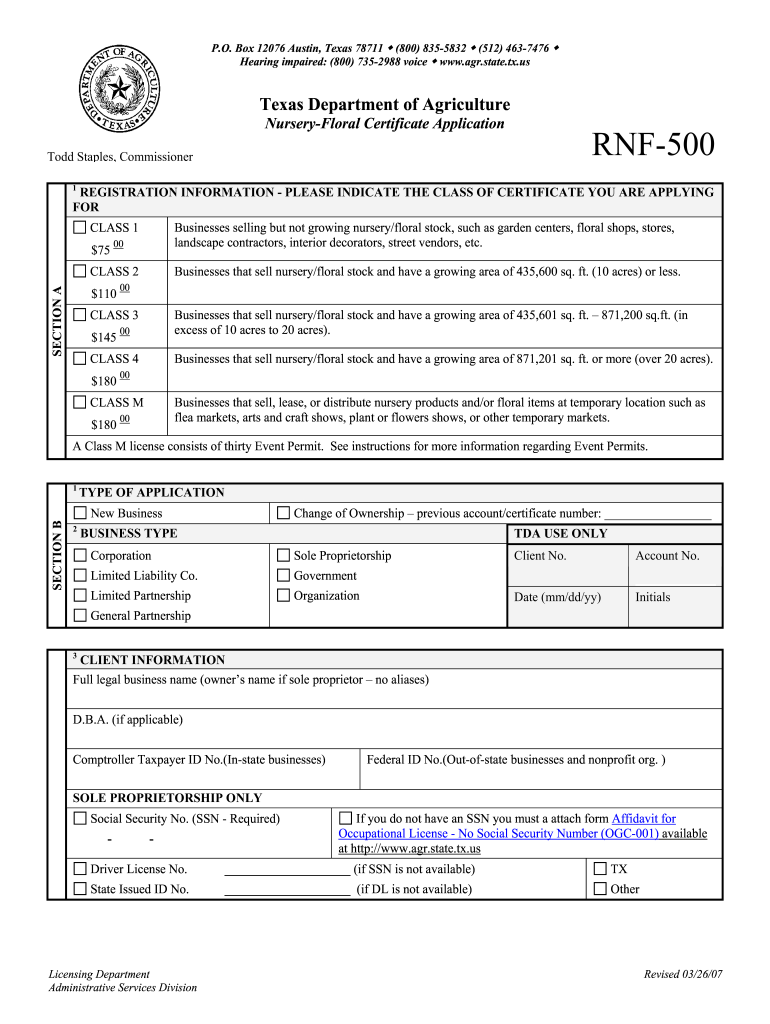  Rnf 500 Nf Certificate Application  Texas Department of Agriculture  Texasagriculture 2007