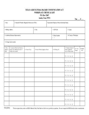 Fillable Workplace Chemical List  Form