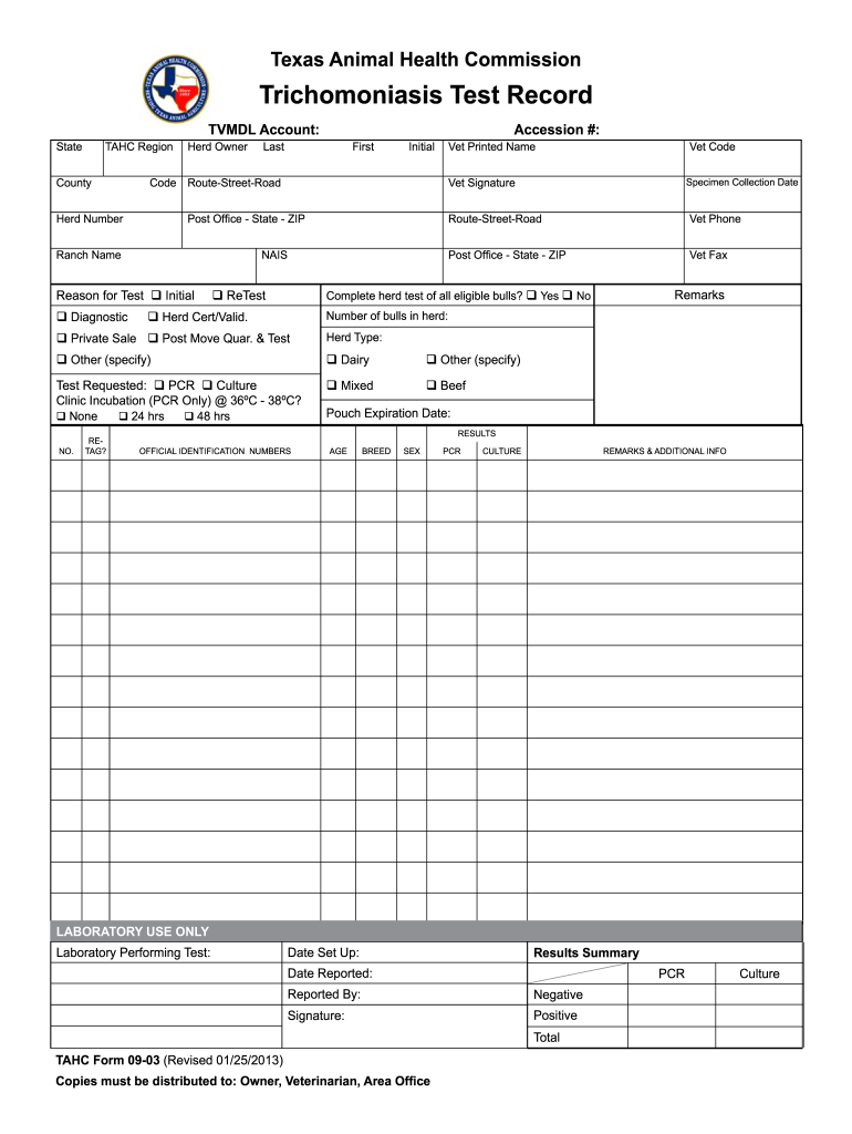 Trichomoniasis Test Record Texas Animal Health Commission  Form