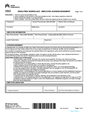 2862 Drug Workplace Employee Acknowledgement Kaiser Residency Kp  Form