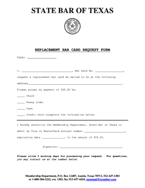 Replacement Bar Card Request Form State Bar of Texas