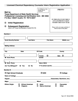 LCDC Intern Registration Application Texas Department of State Dshs State Tx  Form