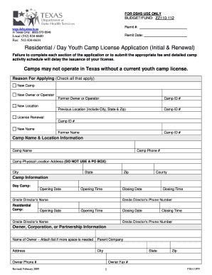 YouthCampApplication Texas Department of State Health Services Dshs State Tx  Form