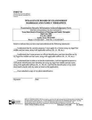 Mft FormVII FORM VII Use This Form If You Are Seeking to Sit for the National Examination for Licensure TEXAS STATE BOARD of EXA