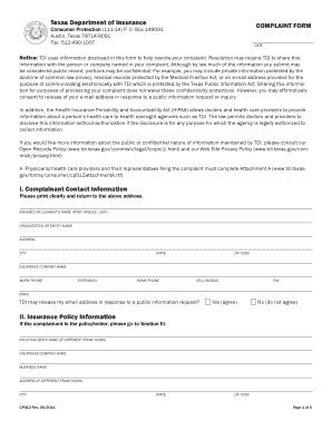 Complaint Form Texas Department of Insurance Texas Gov