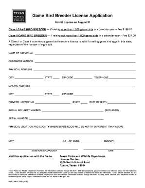 Texas Game Bird Breeders License  Form