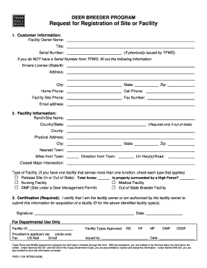 Request for Registration of Site or Facility, Deer Breeder Program Tpwd State Tx  Form