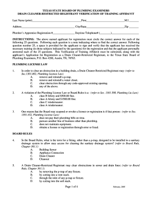 Drain Cleaner Restricted Registrant Verification of Training Affidavit Answers  Form