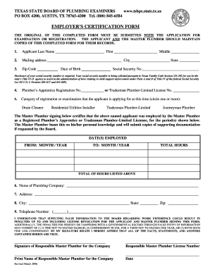  Employer Certification Form Plumbing 2006