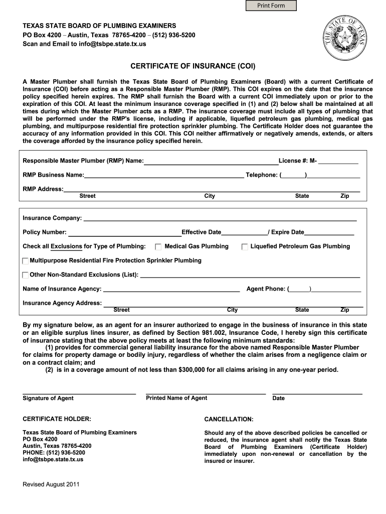  Texas Certificate Insurance Form 2011