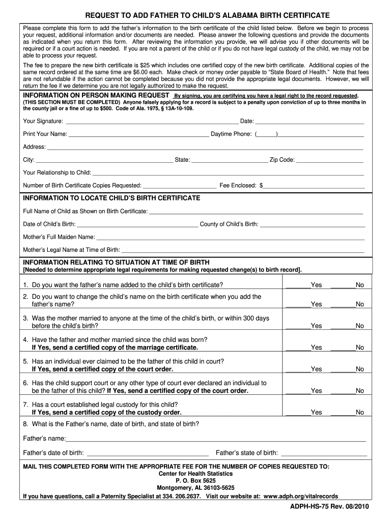 Get and Sign How to Put Father's Name on Birth Certificate in Alabama 2010-2022 Form