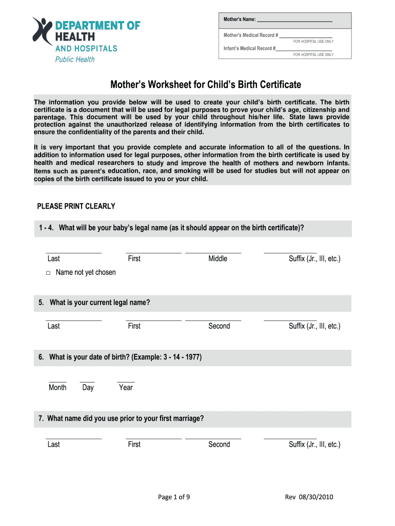  Mother S Worksheet for Child S Birth Certificate  Louisiana    New Dhh Louisiana 2010-2023