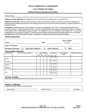 Form PS 010 Record of Previous Education and Training Texas Twc State Tx
