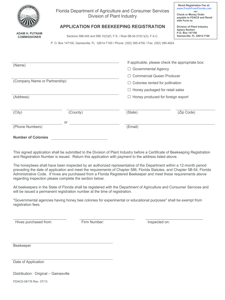  Application for Beekeeping Registration Fdacs 08176  Form 2013