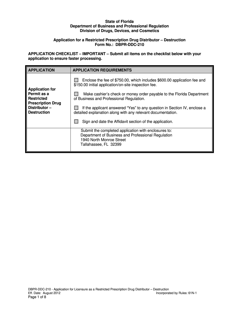  State of Florida Department of Business and Professional Regulation Division of Drugs Devices and Cosmetics Destruction Form 2012-2024