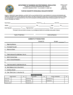DBPR Form AB&amp;T 4000A 225 Page 1 of 2 Taxpaid Cigarette