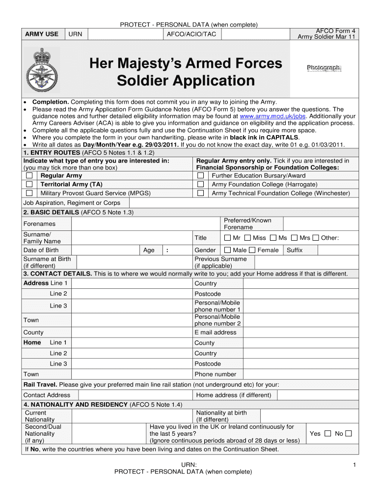  British Army Recruitment Application Form 2011-2024