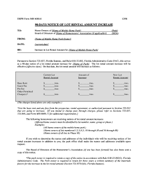 90 Day Notice of Lot Rental Increase MyFloridaLicense Com  Form