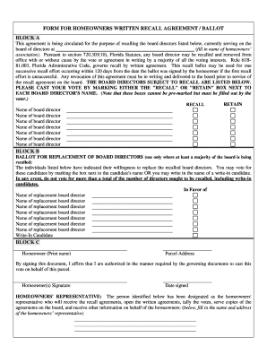 Form for Written Recall Agreement Ballot MyFloridaLicense Com