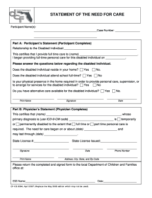 Statement of the Need for Care  Form