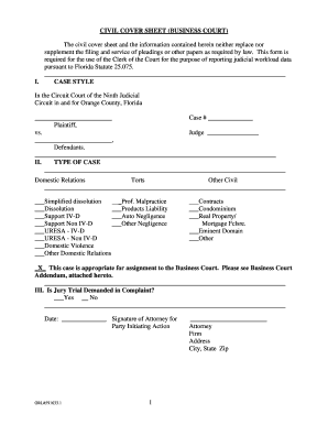 Orange County Civil Cover Sheet  Form