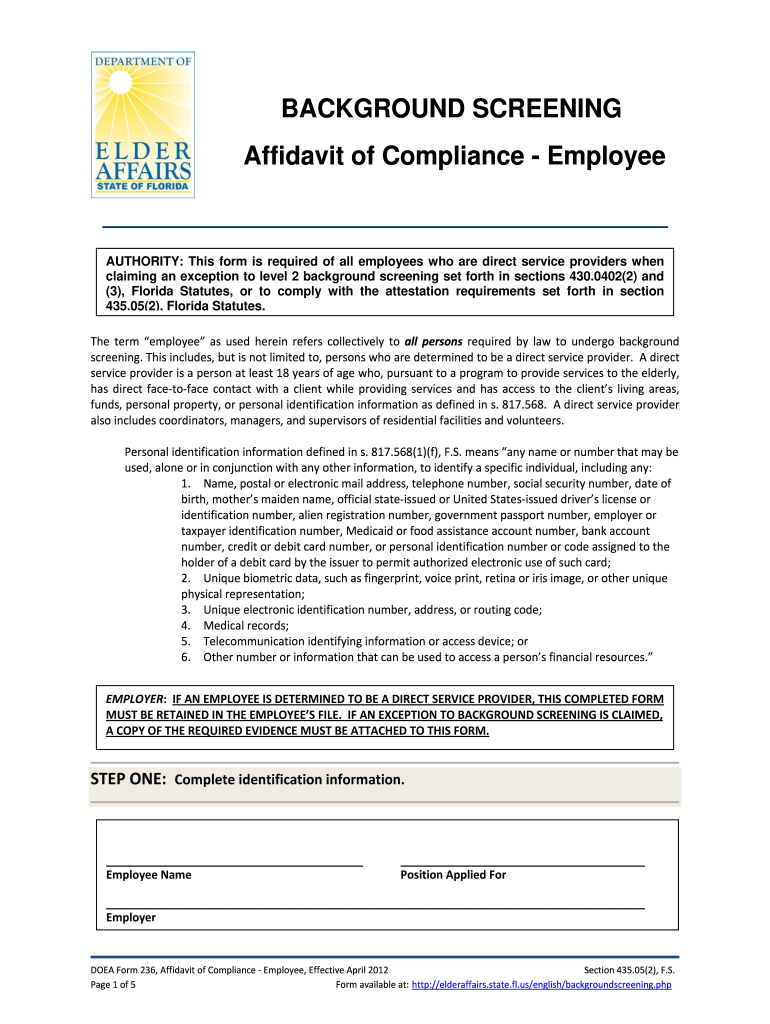 Get and Sign DOEA Form 236 Affidavit of Compliance Employee, April  Elderaffairs State Fl 2012