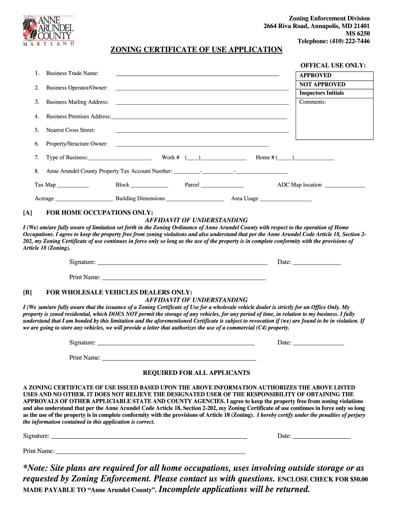  Zoning Certificate of Use Application  Anne Arundel County  Aacounty 2008-2024