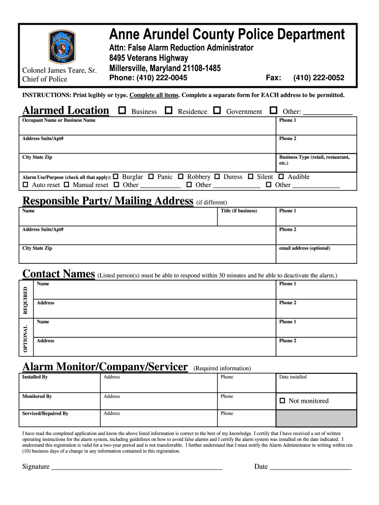 Anne Arundel County Alarm Permit  Form