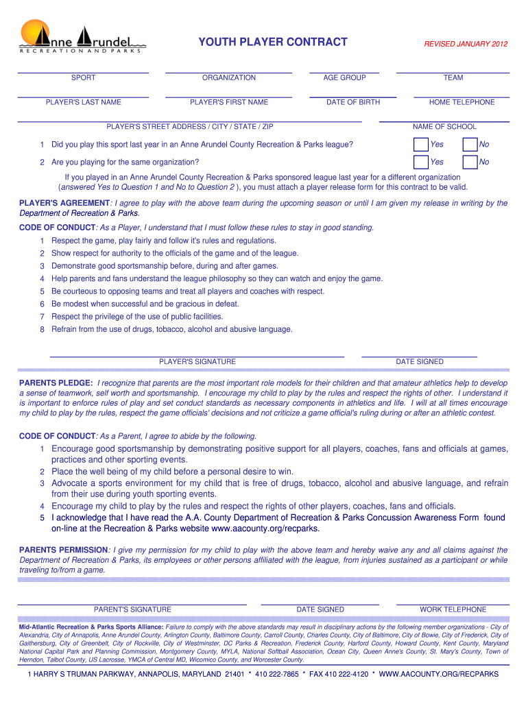 Youth Soccer Player Contract PDF  Form