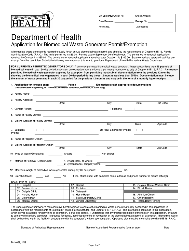 Biomedical Waste Application  Florida Department of Health  Doh State Fl  Form