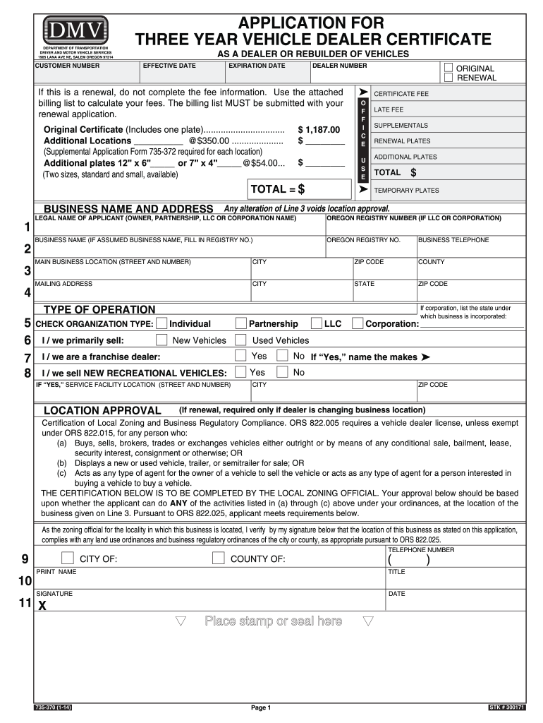  Application for Three Year Vehicle Dealer Certificate  Oregon    Odot State or 2014