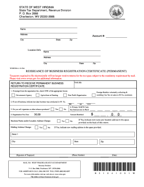 Reissuance of Business Registration Certificate Permanent Wv Form