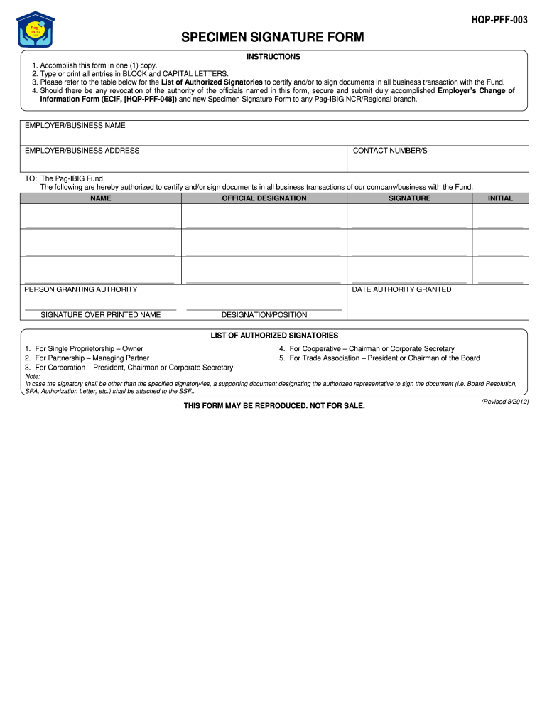  Specimen Signature Form 2020