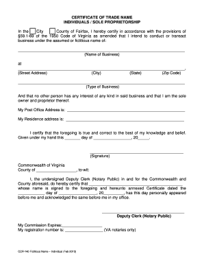 Fictitious Trade Name Application for Individuals Fairfax Circuit Court Fairfaxcounty  Form