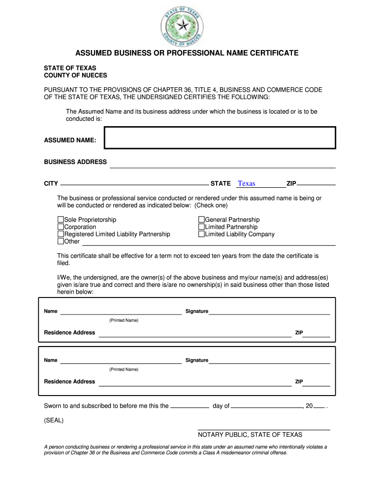 Assumed Business or Professional Name Certificate  Nueces County  Co Nueces Tx  Form