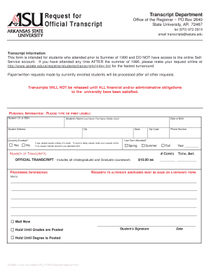 Arkansas State University Beebe Transcript Request  Form