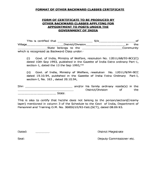 Backward Classes Certificate  Form